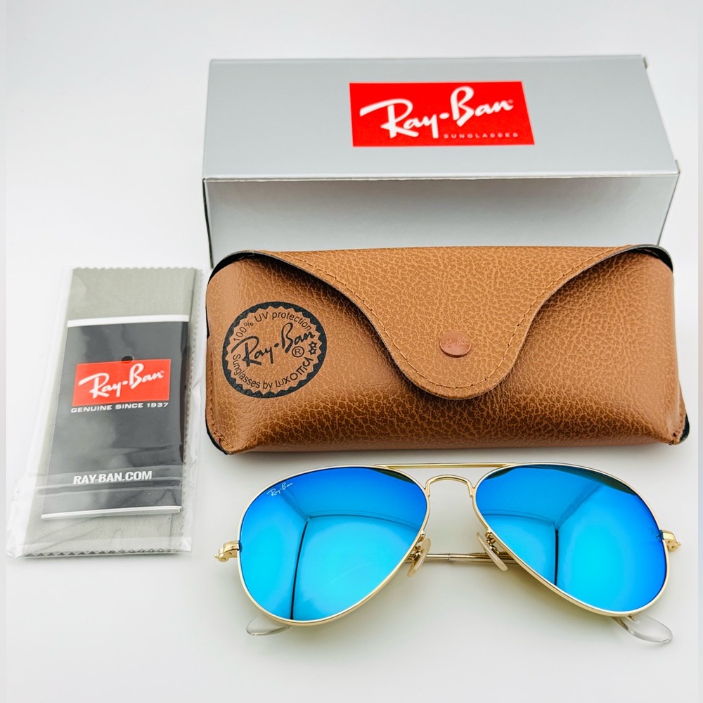 Ray-Ban Aviator Sunglasses RB3025 Gold Matte Frame with Blue Crystal Lens UNISEX - Picture 15 of 15